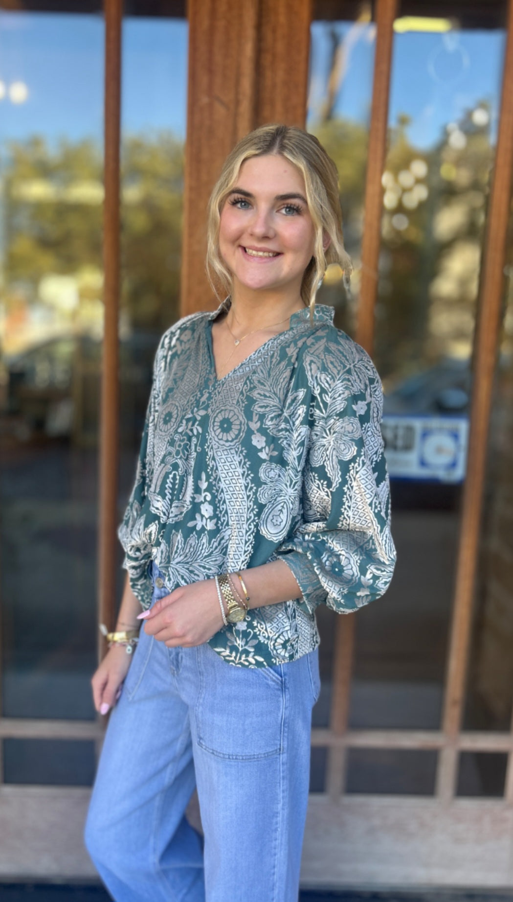 Tops | Blouse Sage Damask Print Velvet Split Neck