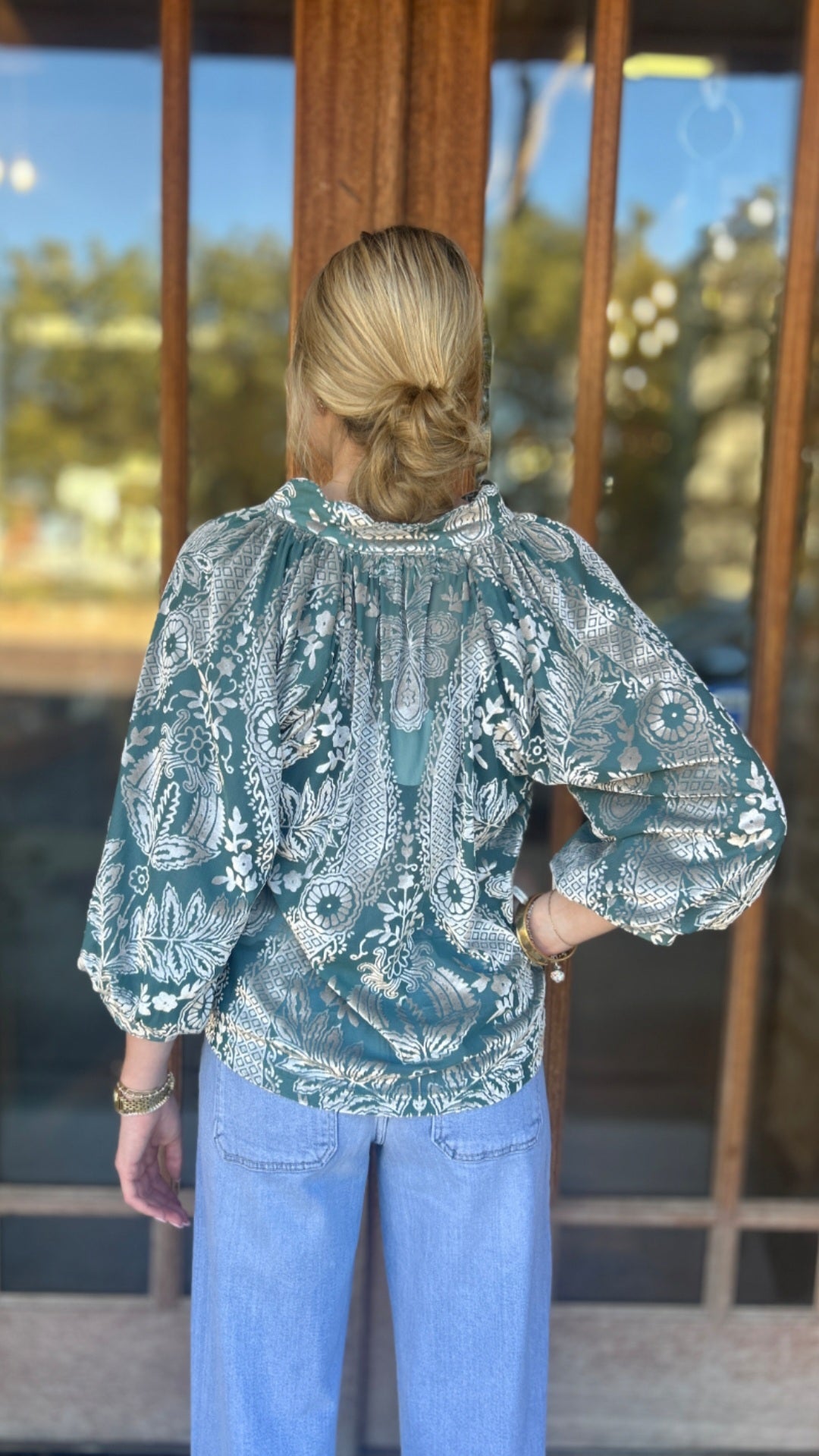 Tops | Blouse Sage Damask Print Velvet Split Neck