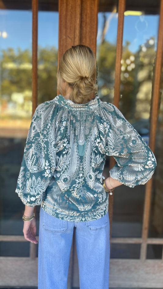 Tops | Blouse Sage Damask Print Velvet Split Neck