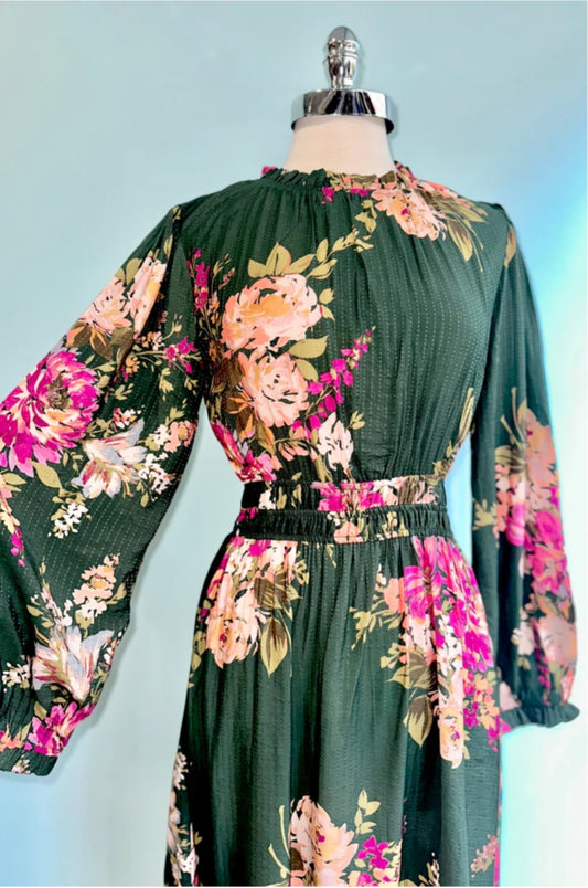 Dress | Plus Size Midi Floral Printed Ruffled Neckline Tiered Skirt