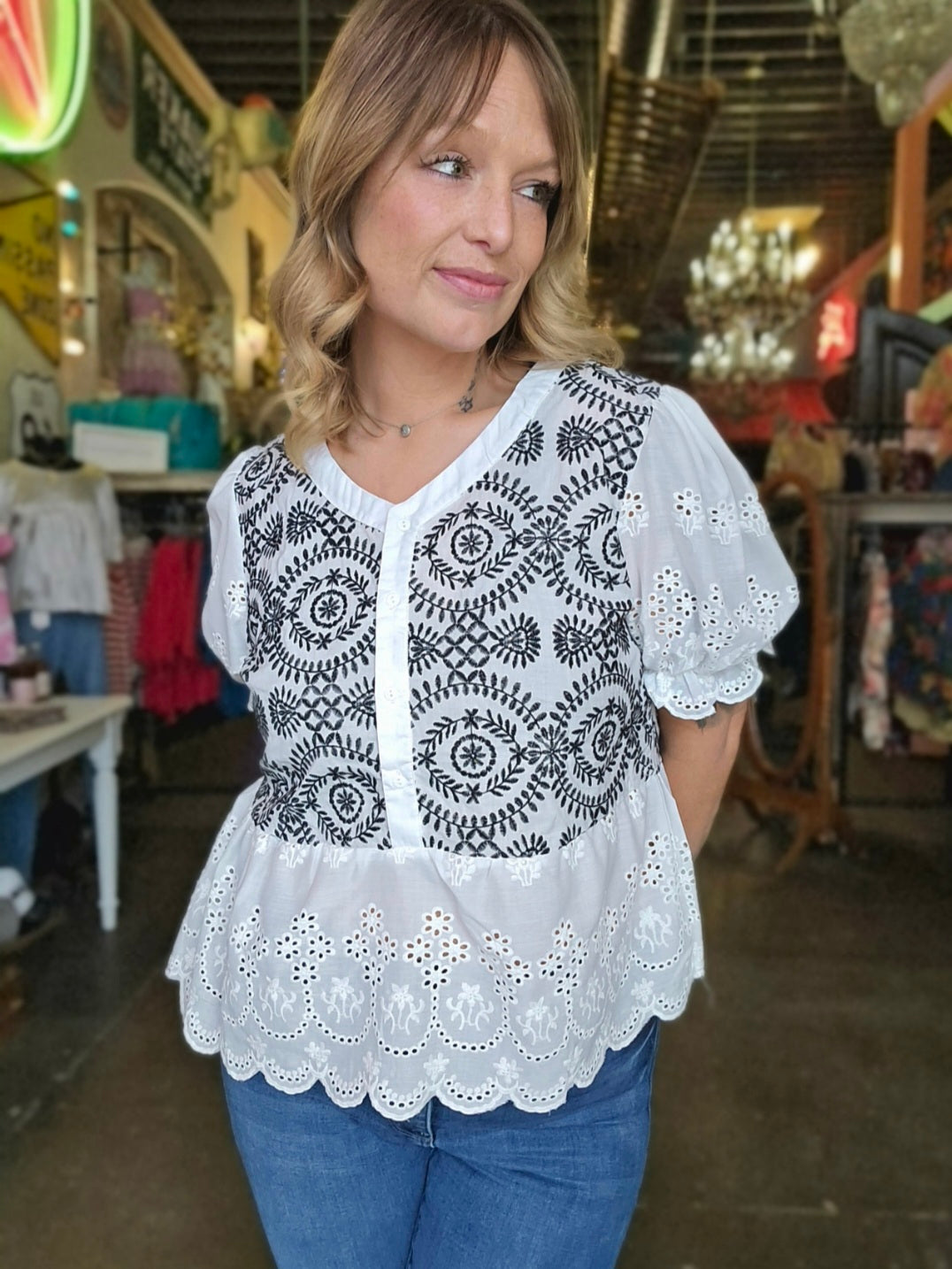 Blouse - Eyelet Lace Button Down