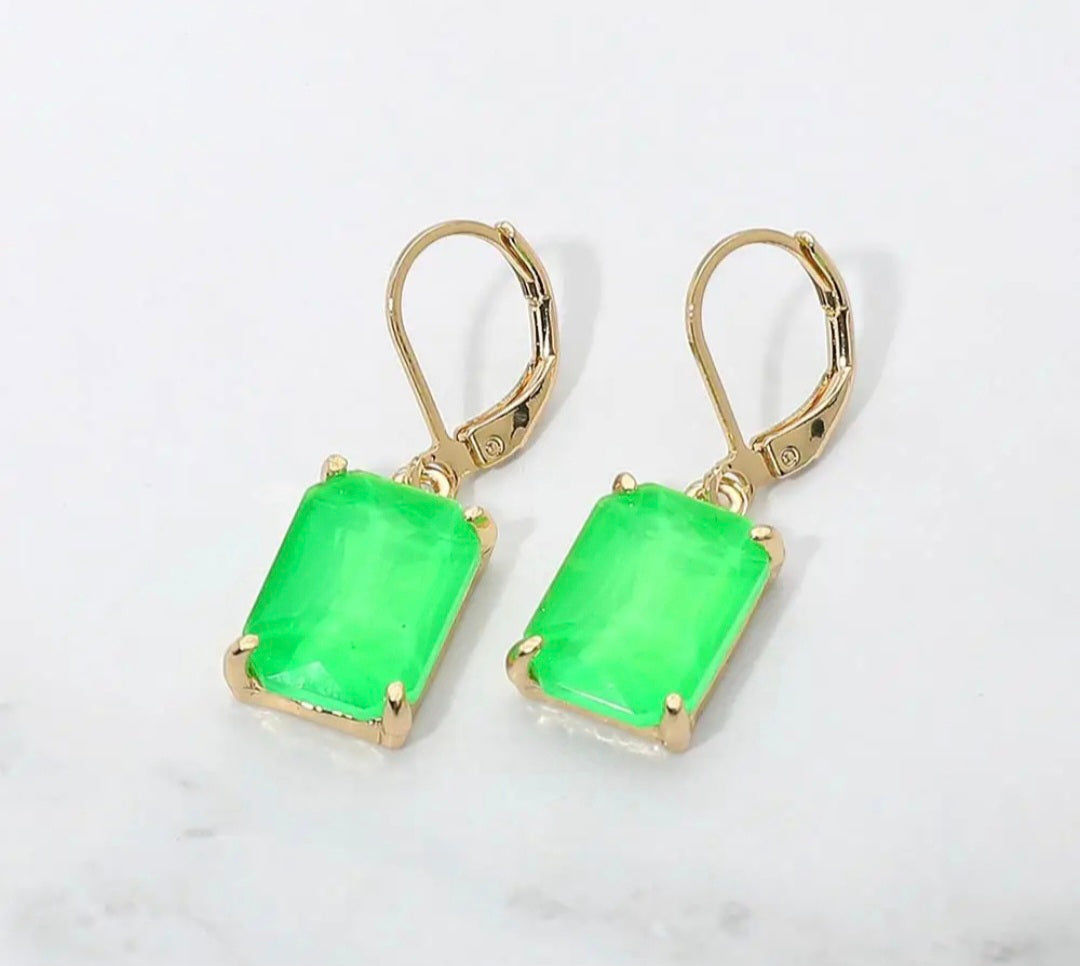 Earrings - Neon Green Glass Stone Drop