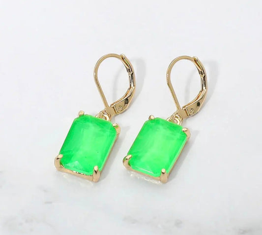 Earrings - Neon Green Glass Stone Drop