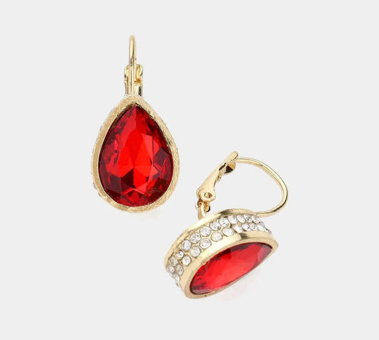 Earrings - Red Teardrop Glass Stone