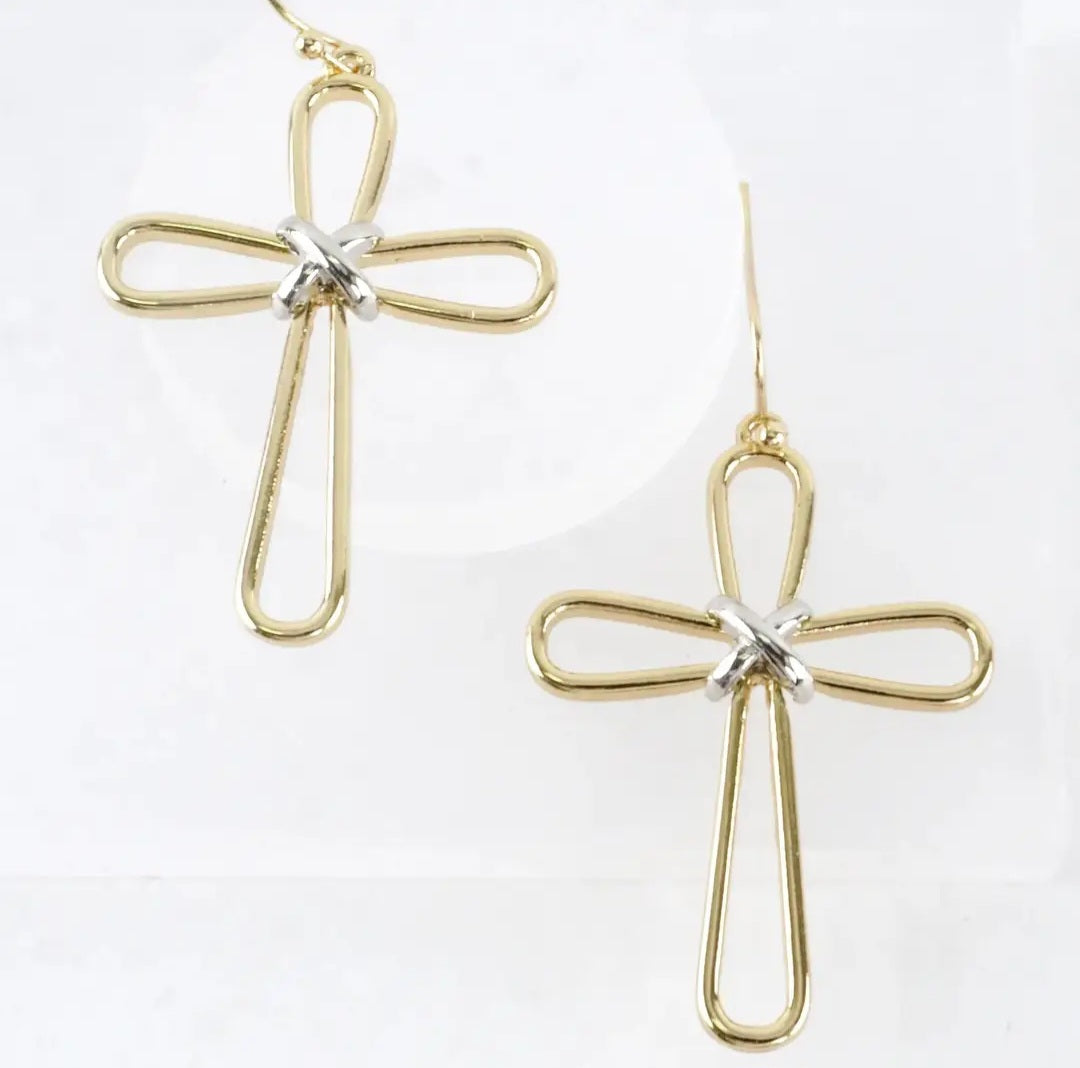 Earrings - Gold Wire Cross Drop