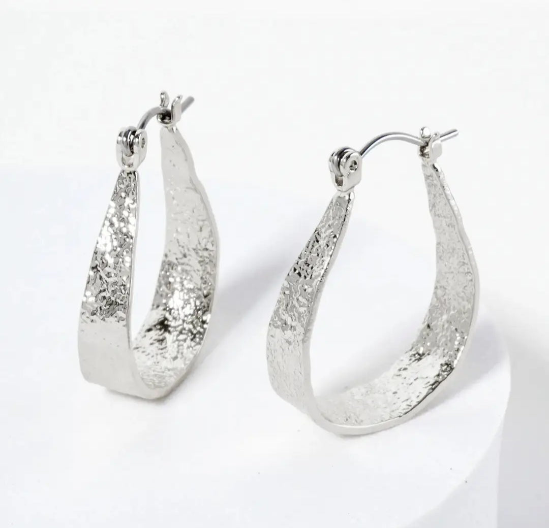 Earrings - Silver Textured Teardrop Hoop
