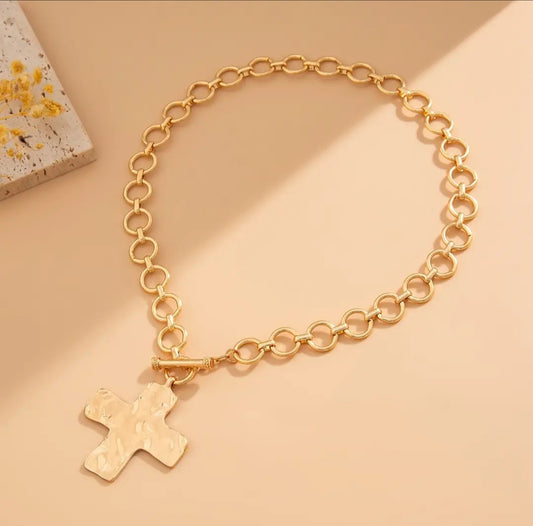 Necklace - Hammered Gold Cross Pendant