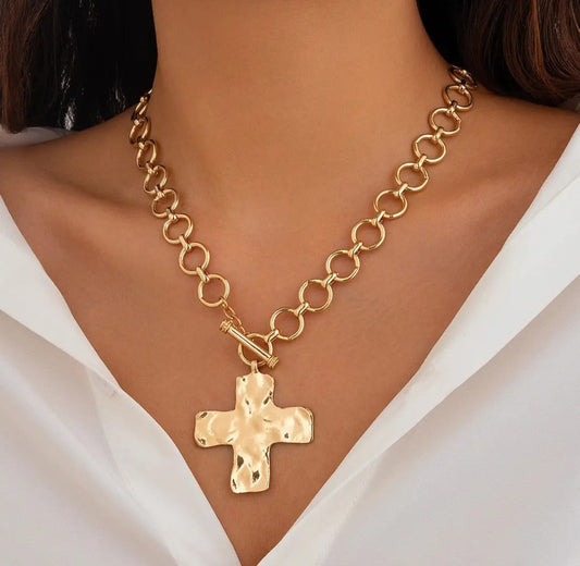 Necklace - Hammered Gold Cross Pendant