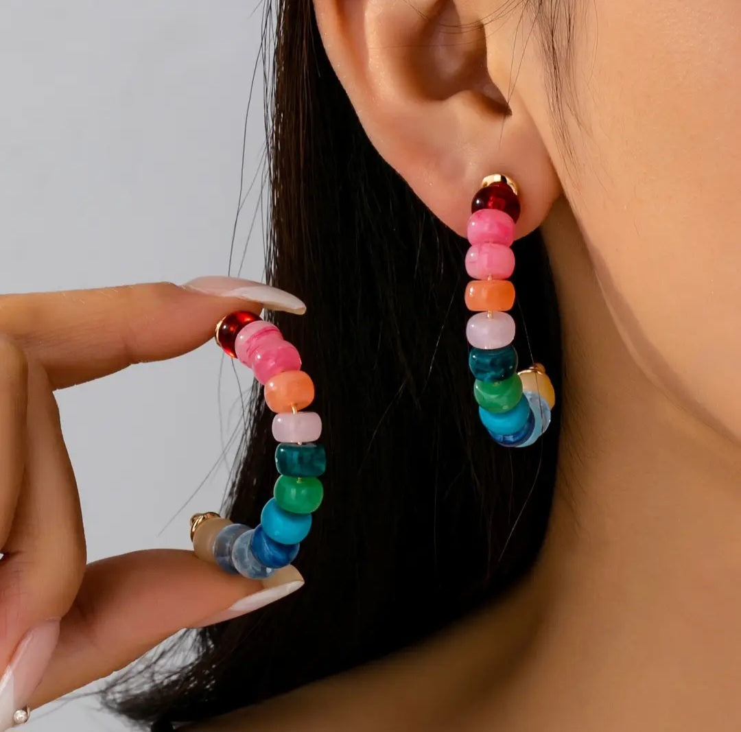 Earrings - Rainbow Beaded Hoop