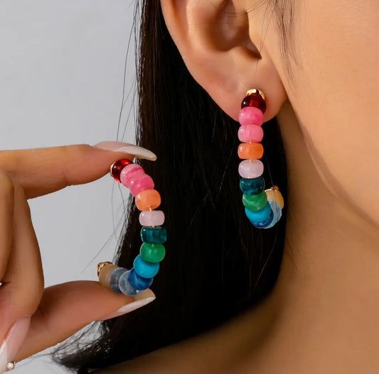 Earrings - Rainbow Beaded Hoop