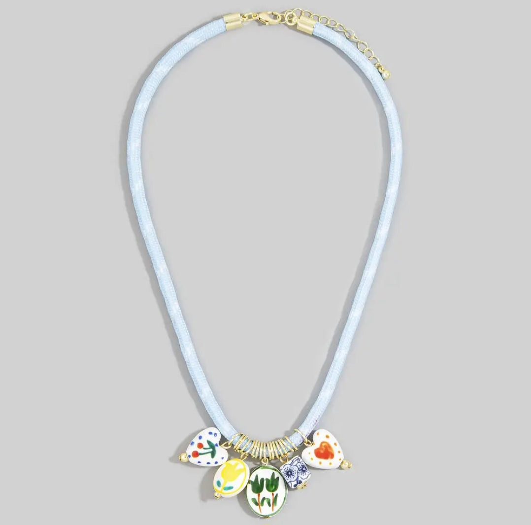 Necklace - Floral Blue Cord Charm