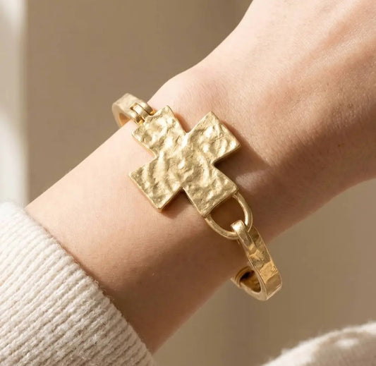 Bracelet - Hammered Gold Cross Bangle