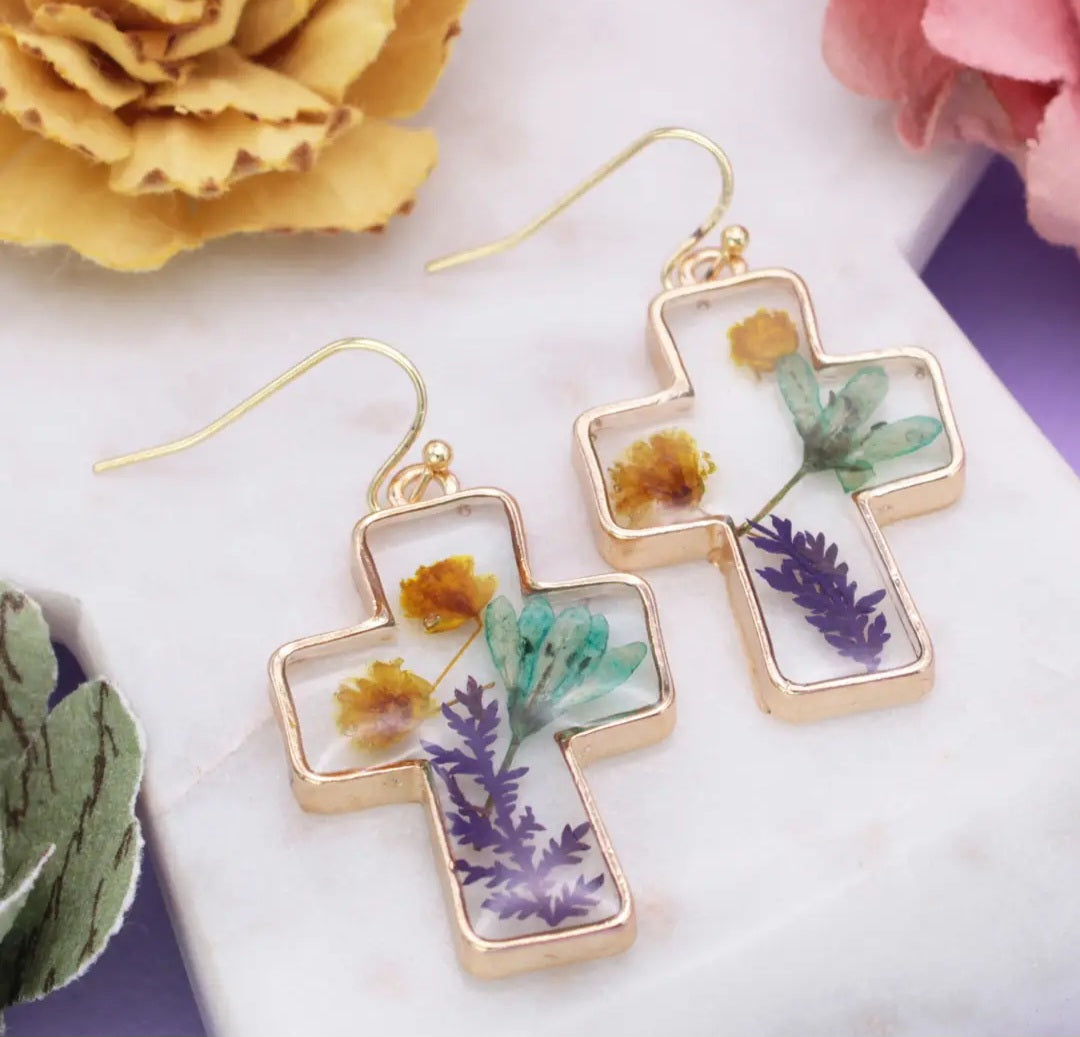 Earrings - Gold Cross Pressed Flower