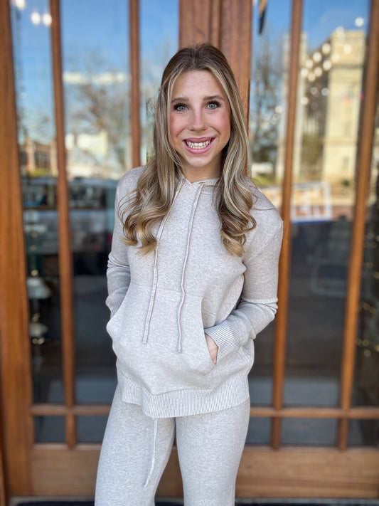Pullover Knit Hoodie Lounge Set One Size Beige
