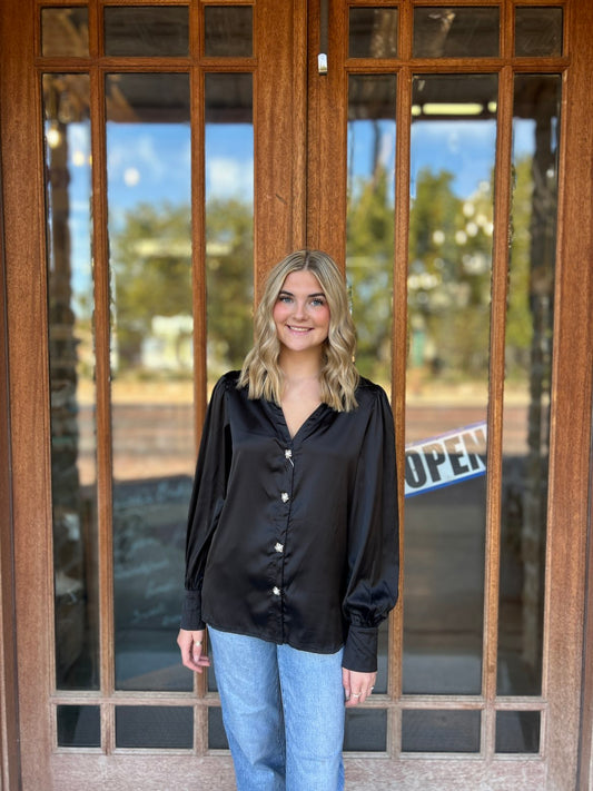 Tops | Blouse Black Balloon Sleeve Satin