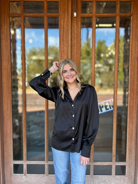 Tops | Blouse Black Balloon Sleeve Satin