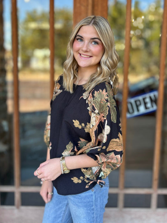Tops | Blouse Floral Black Tie Neck Below Elbow Sleeves