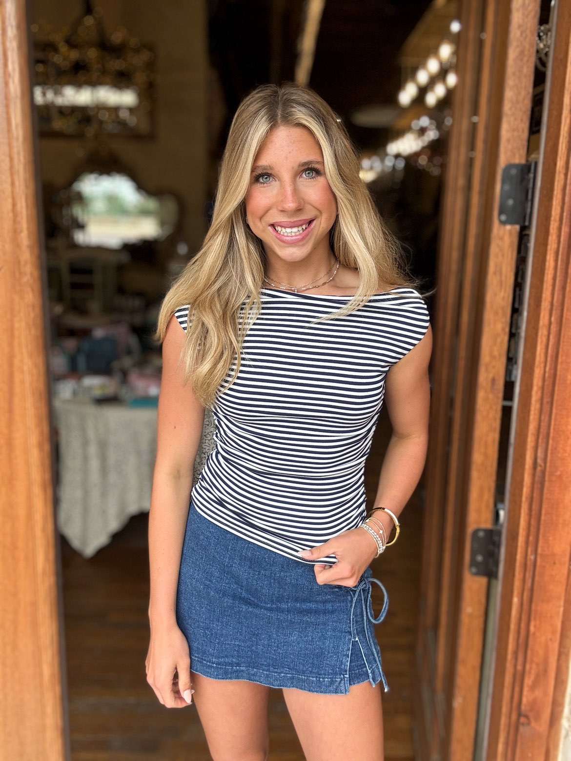 Top - Navy Stripe Off The Shoulder