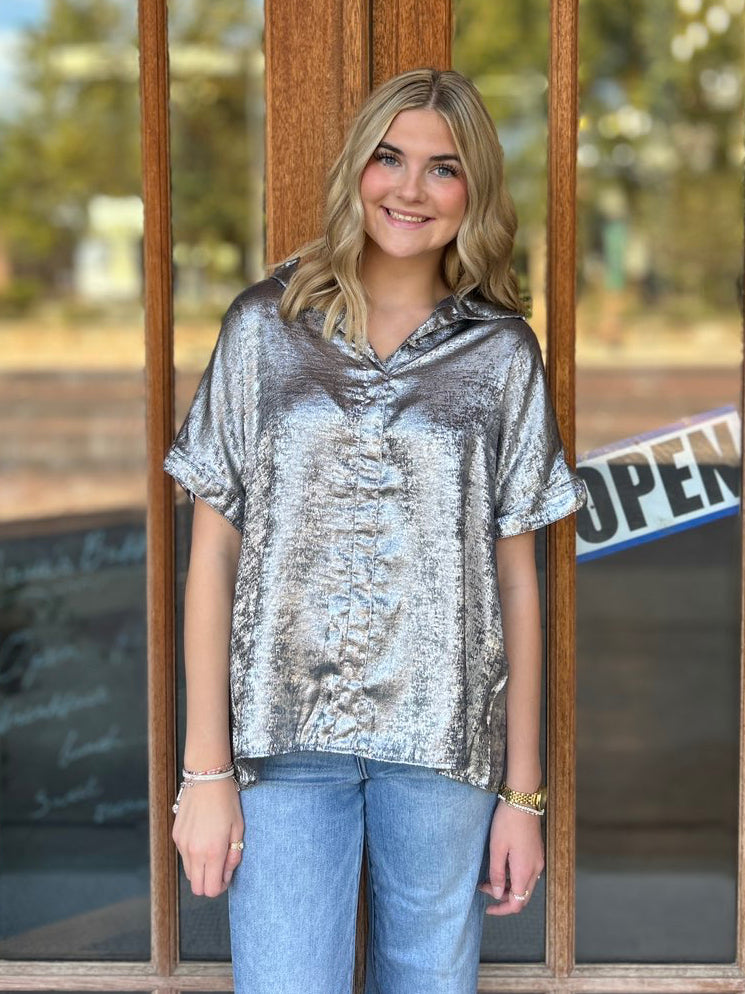Tops | Blouse Metallic Gray Button-Down Short Sleeve Loose Fit