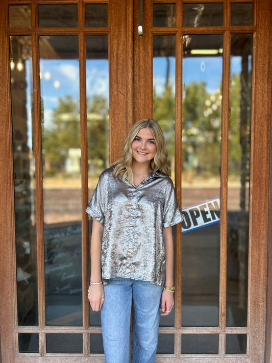 Tops | Blouse Metallic Gray Button-Down Short Sleeve Loose Fit