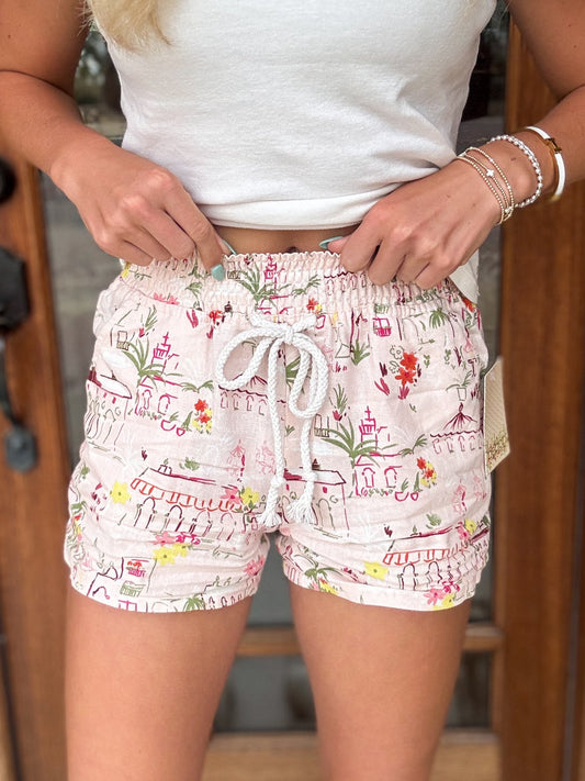 Blush Drawstring Printed Shorts