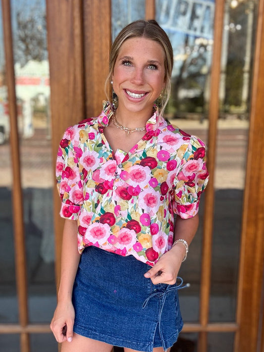 Floral Frilled V-Neck Blouse