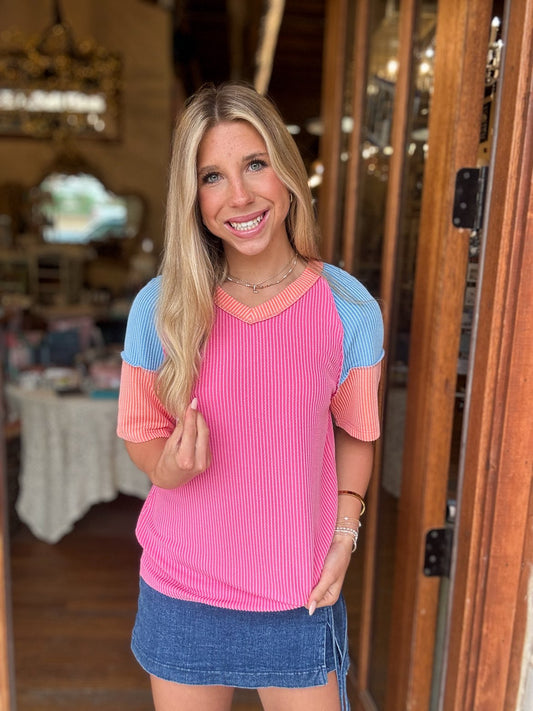 Tee - Color Pop Ribbed V-Neck