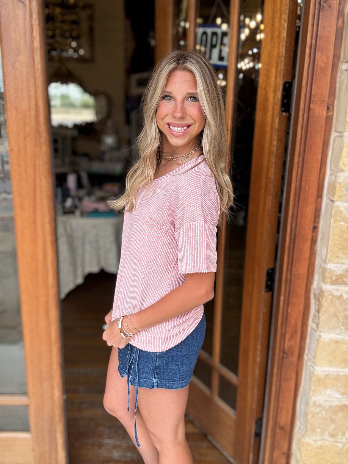 Pink Ribbed V-Neck Top
