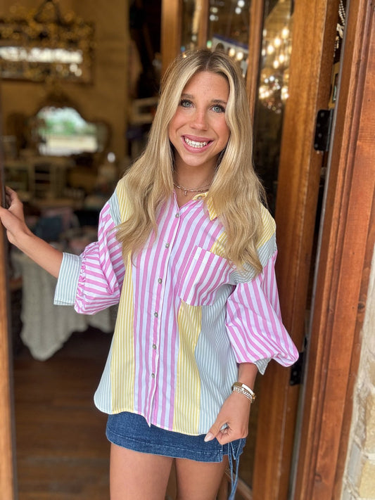 Jodifl -Top Pastel Stripe Button Up