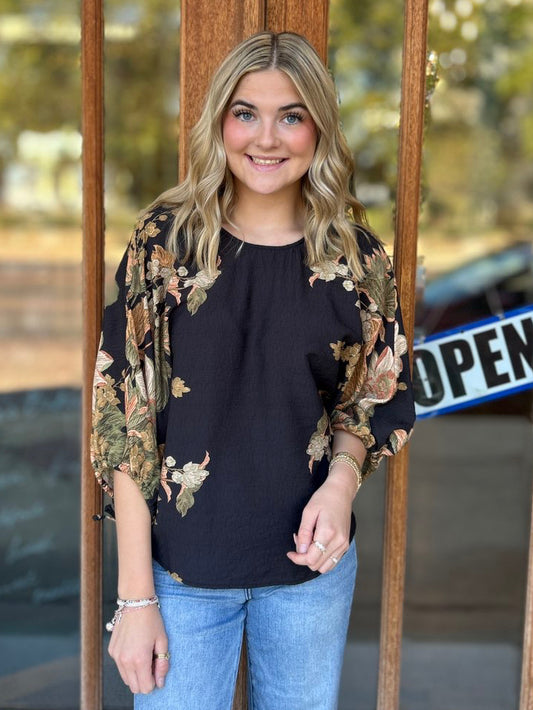 Tops | Blouse Floral Black Tie Neck Below Elbow Sleeves
