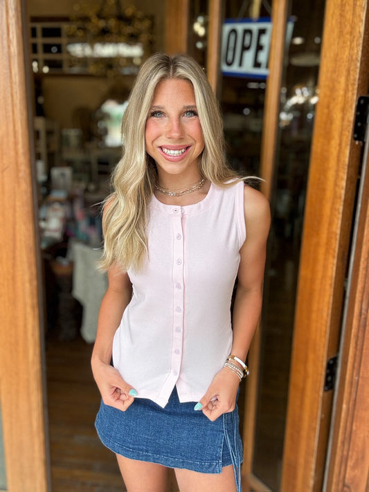 Tank - Soft Pink Ribbed Button Front