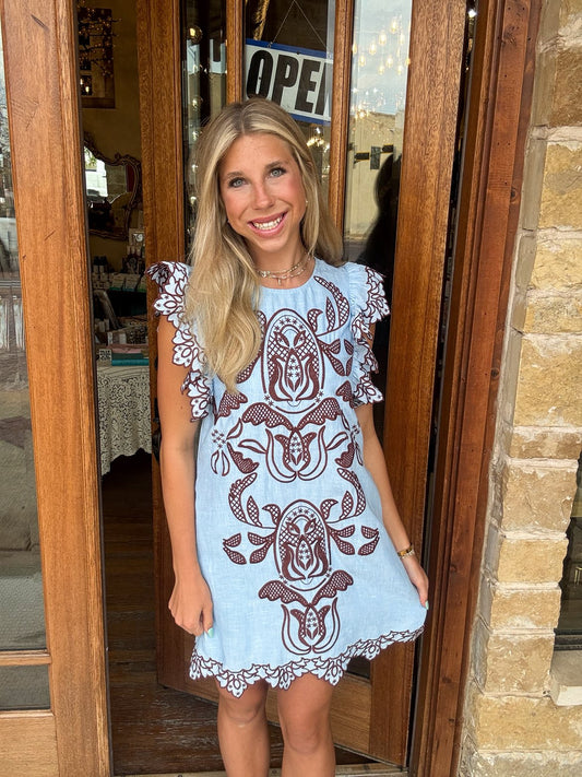 THML Flutter Sleeve Embroidered Dress