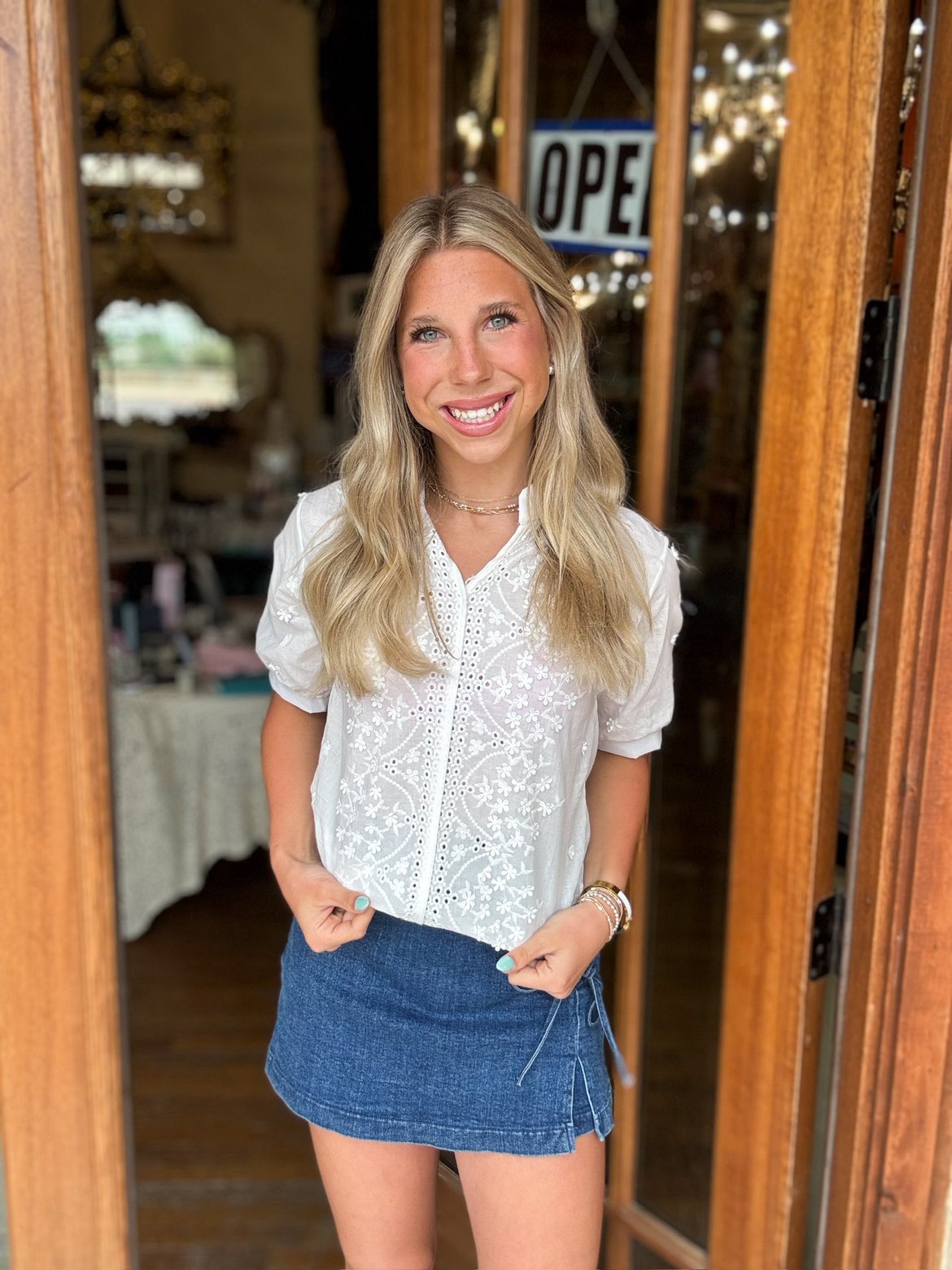 White Embroidered V-Neck Blouse