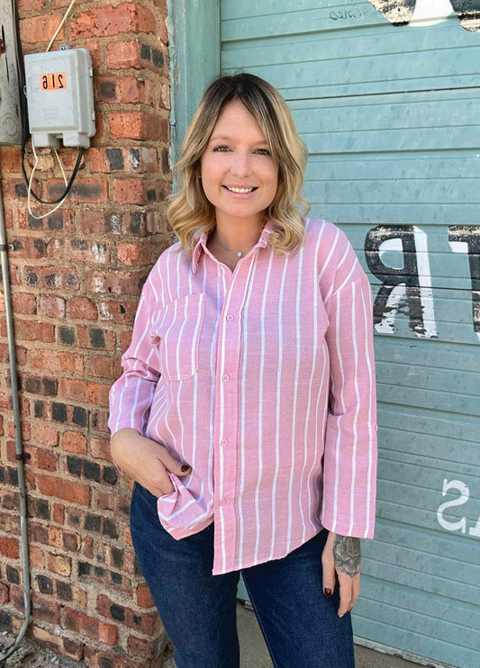 Tops | Blouse Pink w/White Stripes Casual Loose Long Sleeve