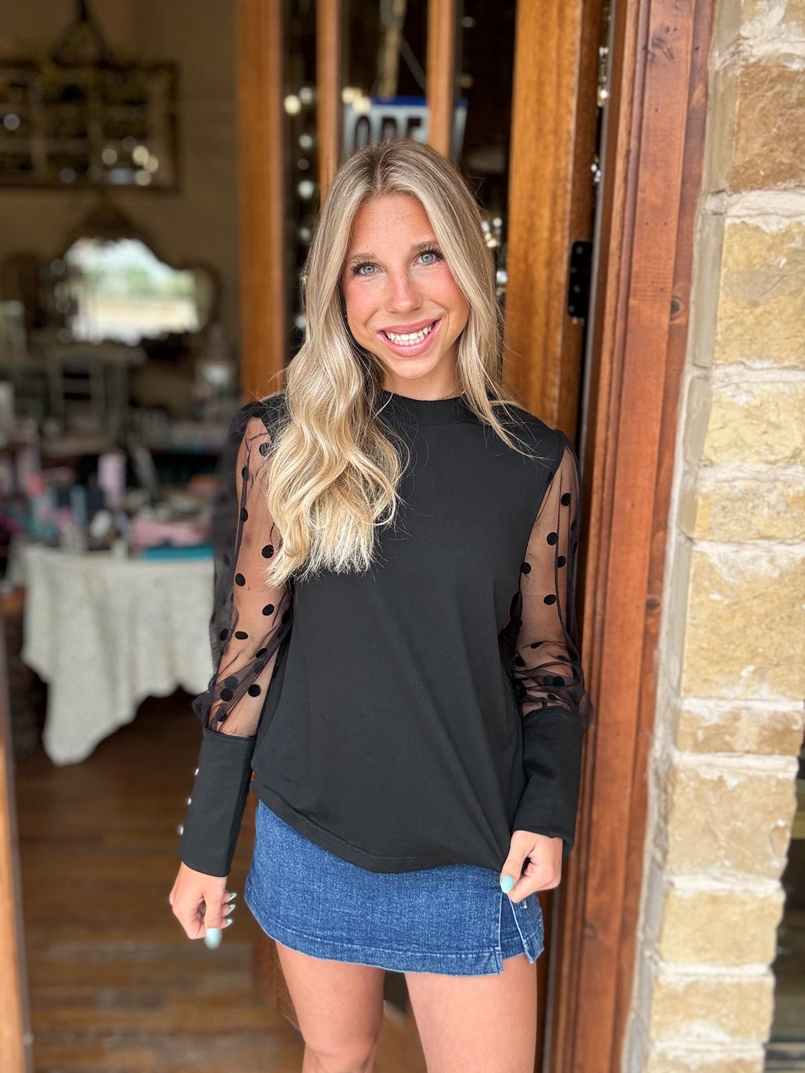 Blouse - Black Long Sleeve Lace Chiffon