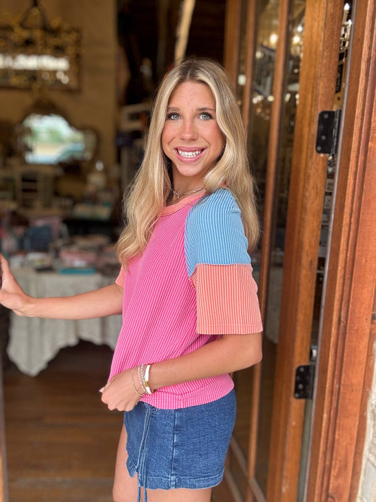 Tee - Color Pop Ribbed V-Neck