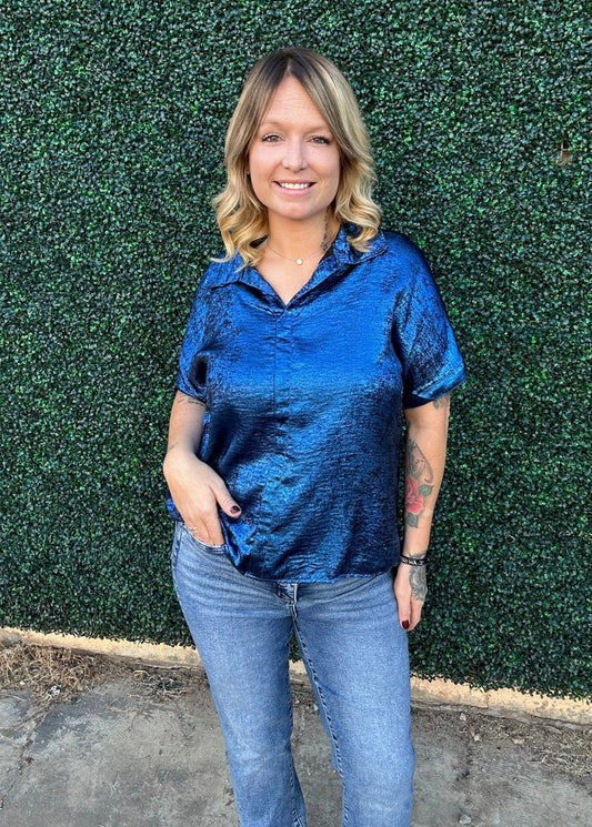 Tops | Blouse Metallic Blue Button Down Short Sleeve Loose Fit