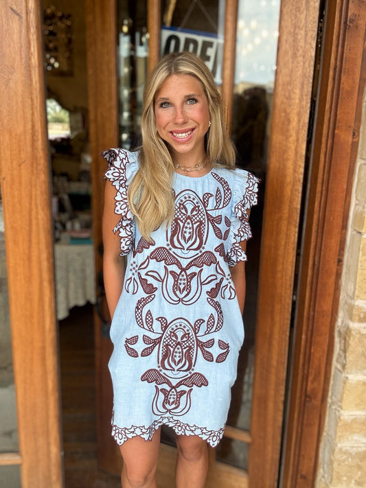 THML Flutter Sleeve Embroidered Dress