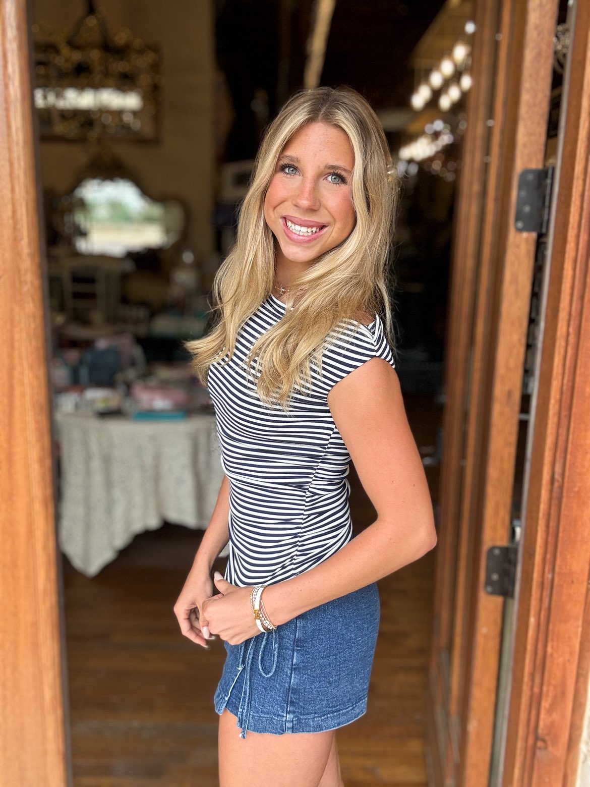 Top - Navy Stripe Off The Shoulder