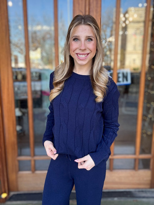 Cable Knit Sweater Set One Size Navy Blue