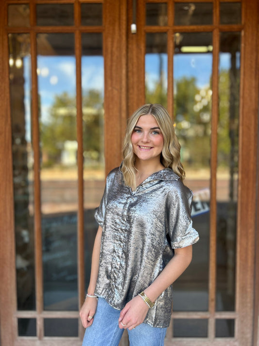 Tops | Blouse Metallic Gray Button-Down Short Sleeve Loose Fit