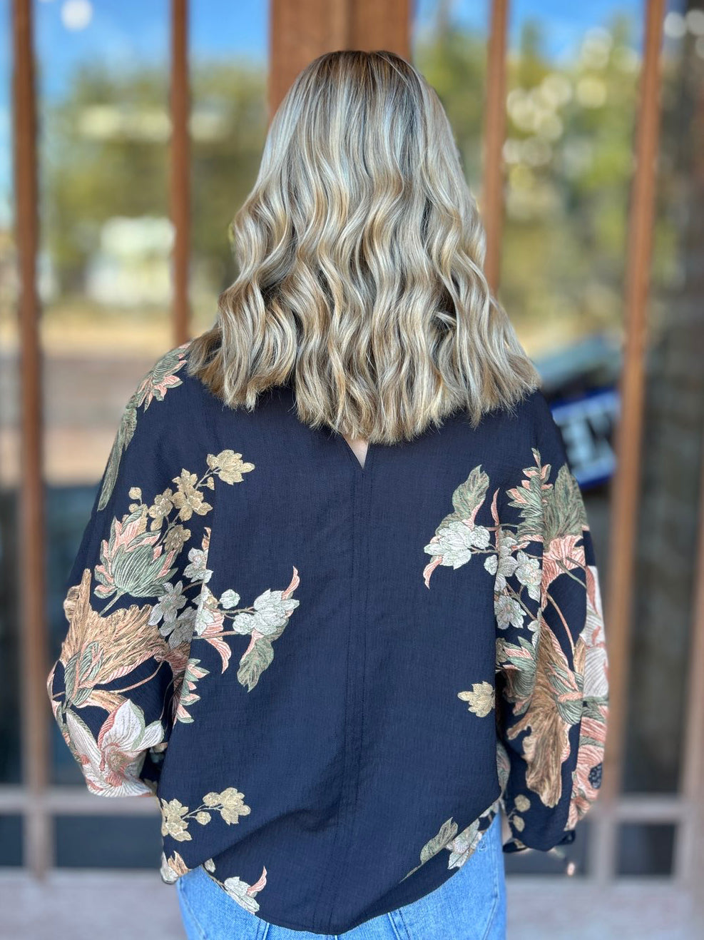 Tops | Blouse Floral Black Tie Neck Below Elbow Sleeves