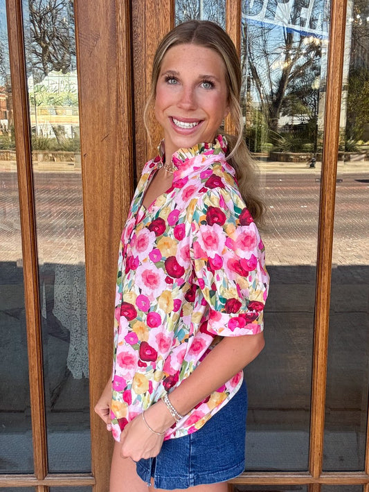 Floral Frilled V-Neck Blouse
