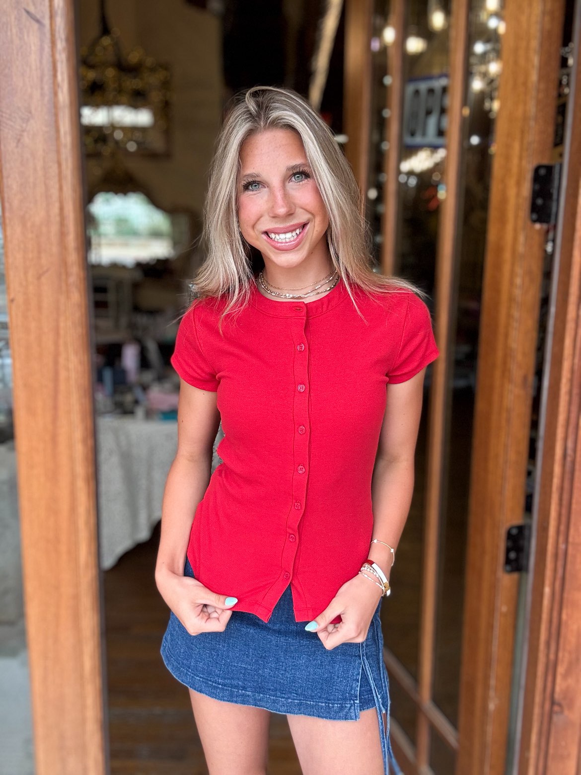 Top - Ribbed Button-Front Crew Neck