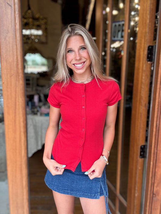 Top - Ribbed Button-Front Crew Neck
