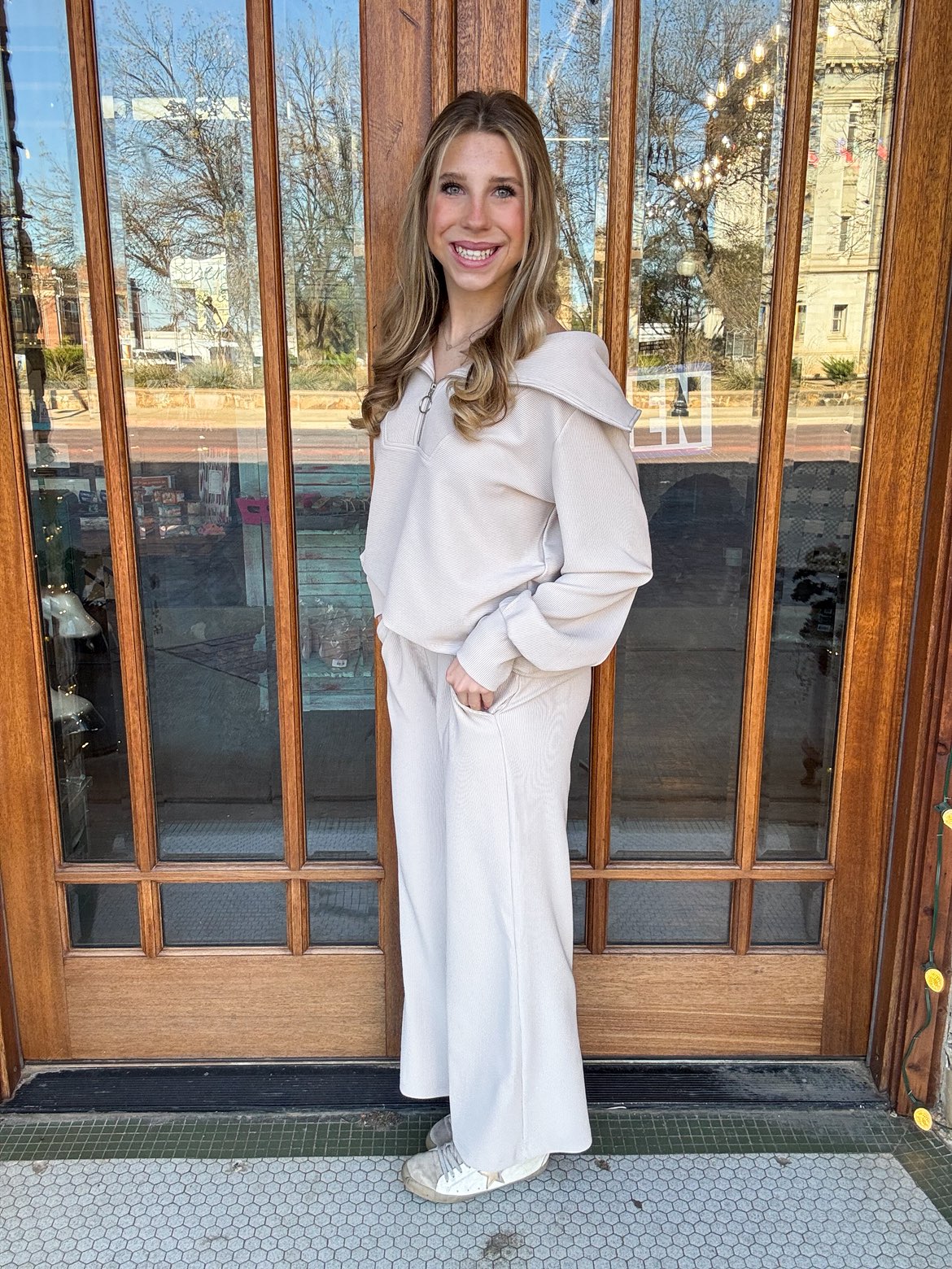 Beige Pullover & Pants Ribbed Set