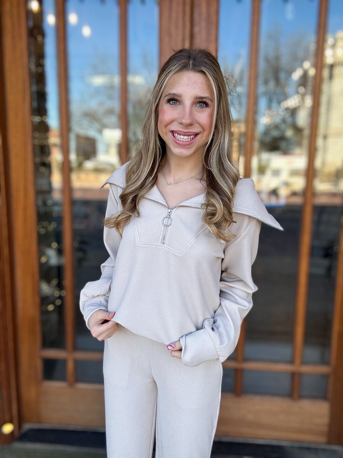 Beige Pullover & Pants Ribbed Set