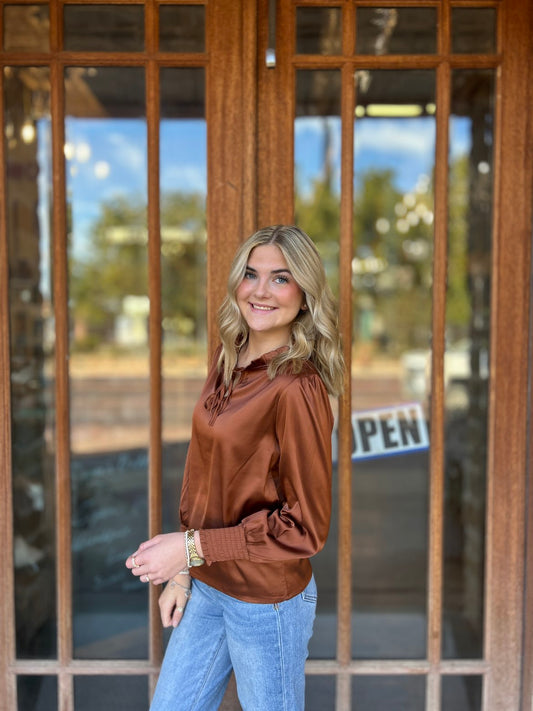 Tops | Blouse Dark Brown Satin Tie Neck Long Sleeves Elastic Wrist