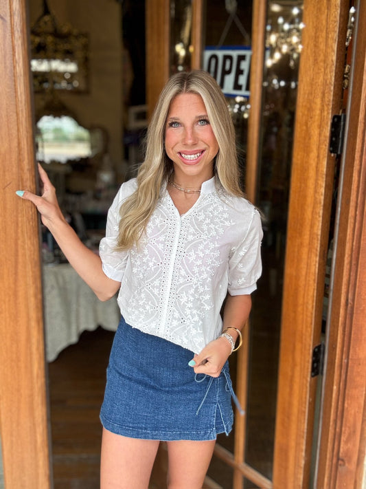 White Embroidered V-Neck Blouse