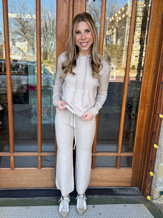 Pullover Knit Hoodie Lounge Set One Size Beige